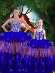 Popular Sleeveless Floor Length Beading and Ruffled Layers Lace Up Ball Gown Prom Dress with Royal Blue