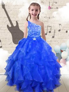Cute Royal Blue Little Girls Pageant Gowns Party and Wedding Party with Beading and Ruffles One Shoulder Sleeveless Lace Up
