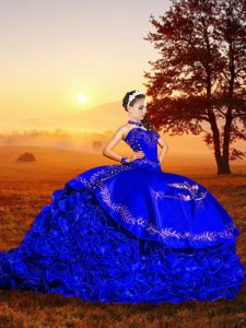 Embroidery and Ruffles Quinceanera Dress Royal Blue Lace Up Sleeveless Brush Train