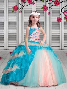 Organza Spaghetti Straps Sleeveless Lace Up Beading and Ruffles Kids Pageant Dress in Multi-color