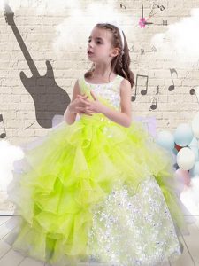 Customized Yellow Green Ball Gowns Scoop Sleeveless Organza Floor Length Lace Up Beading and Ruffles Little Girls Pageant Dress Wholesale