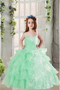 Hot Sale Lace and Ruffled Layers Kids Pageant Dress Turquoise Lace Up Sleeveless Floor Length