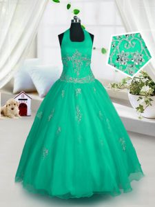 Halter Top Green Lace Up Kids Pageant Dress Appliques Sleeveless Floor Length