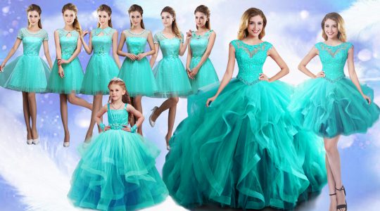 Chic Turquoise Ball Gowns Tulle Scoop Sleeveless Beading and Lace Floor Length Lace Up Sweet 16 Dresses