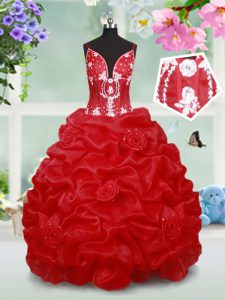 Pick Ups Floor Length Ball Gowns Sleeveless Red Little Girls Pageant Dress Lace Up