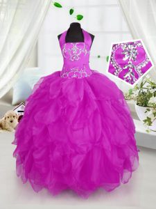 Halter Top Sleeveless Little Girl Pageant Gowns Floor Length Appliques and Ruffles Purple Organza