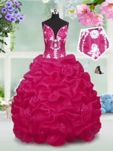 On Sale Red Sleeveless Beading and Pick Ups Floor Length Little Girl Pageant Gowns