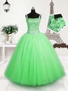 Tulle Straps Sleeveless Lace Up Beading and Sequins Little Girls Pageant Dress Wholesale in Apple Green