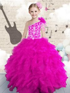 One Shoulder Embroidery and Ruffles and Hand Made Flower Little Girl Pageant Gowns Hot Pink Lace Up Sleeveless Floor Length