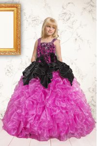 Sleeveless Organza Floor Length Lace Up Little Girls Pageant Gowns in Black and Hot Pink with Beading and Ruffles