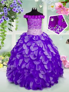 Off the Shoulder Beading and Hand Made Flower Little Girls Pageant Dress Wholesale Navy Blue Lace Up Sleeveless Floor Length