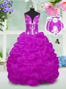 High Class Beading and Appliques and Pick Ups Little Girls Pageant Dress Wholesale Fuchsia Lace Up Sleeveless Floor Length