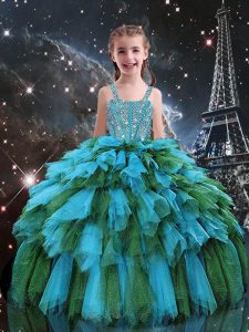 Floor Length Teal Little Girls Pageant Gowns Tulle Sleeveless Beading and Ruffles