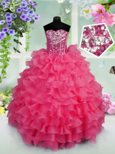 Hot Pink Ball Gowns Ruffled Layers and Sequins Little Girl Pageant Dress Lace Up Organza Sleeveless Floor Length