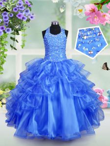 Amazing Halter Top Sleeveless Lace Up Floor Length Beading and Ruffled Layers Little Girl Pageant Dress