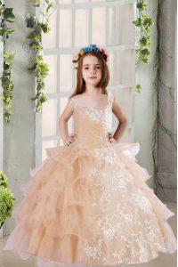 Champagne Sleeveless Floor Length Lace and Ruffled Layers Zipper Pageant Gowns For Girls