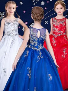 Scoop Sleeveless Organza Floor Length Zipper Little Girls Pageant Dress Wholesale in White and Red and Royal Blue with Beading