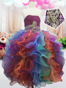 Wonderful Multi-color Ball Gowns Strapless Sleeveless Organza Floor Length Zipper Beading and Ruffles Pageant Gowns For Girls