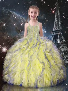 Exquisite Organza Straps Sleeveless Lace Up Beading and Ruffles Little Girl Pageant Gowns in Light Yellow