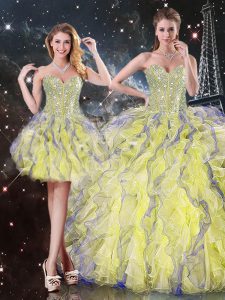 Delicate Sleeveless Organza Floor Length Lace Up Quinceanera Dresses in Yellow with Beading and Ruffles