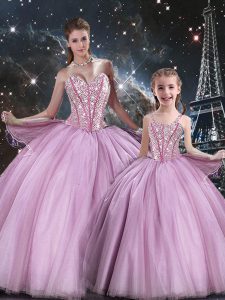 Tulle Sweetheart Sleeveless Lace Up Beading Sweet 16 Dresses in Lilac