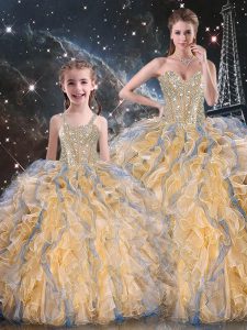 Edgy Gold Organza Lace Up Quinceanera Dresses Sleeveless Floor Length Beading and Ruffles