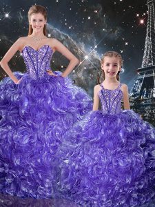 Fantastic Purple Ball Gowns Sweetheart Sleeveless Organza Floor Length Lace Up Beading and Ruffles Sweet 16 Dresses