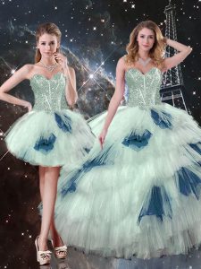 Dramatic Sweetheart Sleeveless Quinceanera Gown Floor Length Ruffled Layers Blue And White Tulle