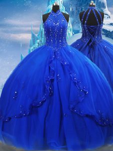 Trendy Royal Blue Ball Gowns High-neck Sleeveless Tulle Brush Train Lace Up Beading and Ruffles Sweet 16 Quinceanera Dress