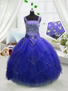 Enchanting Royal Blue Tulle Lace Up Kids Pageant Dress Sleeveless Floor Length Beading and Ruffles