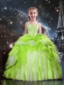 Apple Green Sleeveless Floor Length Beading and Ruffled Layers Lace Up Girls Pageant Dresses
