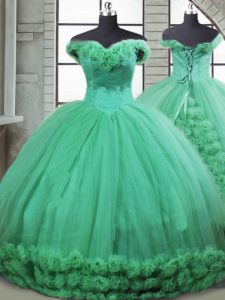 Sleeveless Fabric With Rolling Flowers Brush Train Lace Up Sweet 16 Dresses in Turquoise with Hand Made Flower