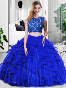 Royal Blue Zipper Quinceanera Dresses Lace and Ruffles Sleeveless Floor Length
