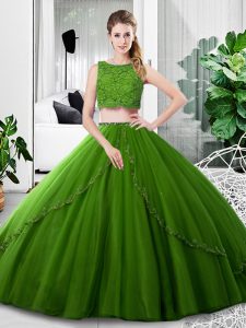 Best Selling Two Pieces Sweet 16 Quinceanera Dress Olive Green Scoop Tulle Sleeveless Floor Length Zipper