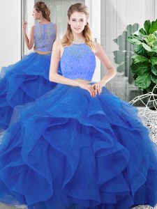 Sleeveless Tulle Floor Length Zipper Sweet 16 Dress in Blue with Lace and Ruffles