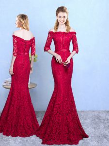 Fitting Lace Court Dresses for Sweet 16 Wine Red Lace Up Half Sleeves Floor Length
