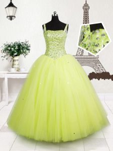 Tulle Straps Sleeveless Lace Up Beading and Sequins Little Girl Pageant Dress in Yellow Green