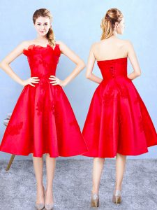 New Arrival Satin Strapless Sleeveless Lace Up Appliques and Ruffles Vestidos de Damas in Red