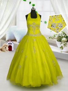 Elegant Yellow Halter Top Neckline Appliques Pageant Gowns For Girls Sleeveless Lace Up