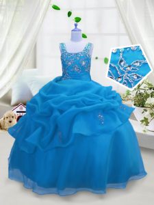 Organza Straps Sleeveless Lace Up Beading and Pick Ups Pageant Gowns For Girls in Aqua Blue