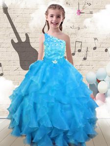 One Shoulder Sleeveless Little Girls Pageant Gowns Floor Length Beading and Ruffles Aqua Blue Organza