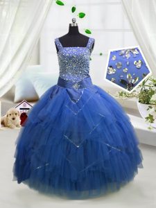 Exquisite Royal Blue Ball Gowns Beading and Ruffles Little Girl Pageant Gowns Lace Up Tulle Sleeveless Floor Length