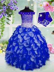 Off The Shoulder Sleeveless Lace Up Little Girl Pageant Dress Royal Blue Organza