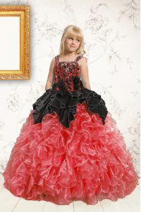 Sleeveless Floor Length Beading and Ruffles Lace Up Girls Pageant Dresses with Black and Orange
