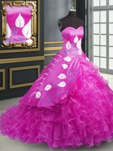 Custom Fit Fuchsia Quinceanera Dresses Military Ball and Sweet 16 and Quinceanera with Embroidery and Ruffles Sweetheart Sleeveless Brush Train Lace Up