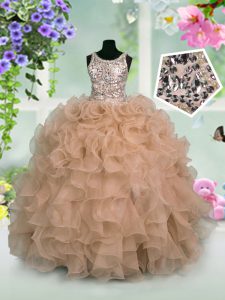 Fancy Scoop Floor Length Pink Little Girls Pageant Gowns Organza Sleeveless Ruffles and Sequins