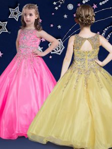 Glorious Scoop Hot Pink Sleeveless Beading Floor Length Little Girl Pageant Dress