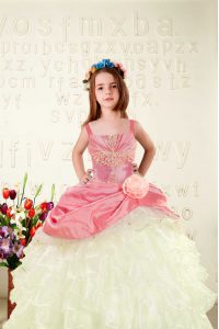 Floor Length Pink Pageant Gowns For Girls Organza Sleeveless Beading and Ruffled Layers and Hand Made Flower