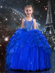Spaghetti Straps Sleeveless Little Girls Pageant Dress Floor Length Beading and Ruffles Royal Blue Organza