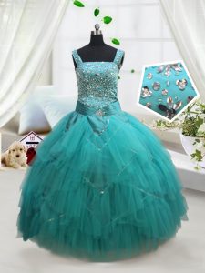 Ball Gowns Kids Pageant Dress Turquoise Square Tulle Sleeveless Floor Length Lace Up